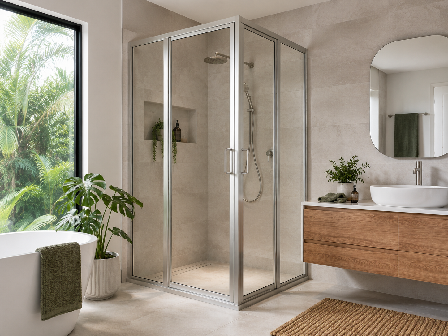 Framed shower screen in a modern Australian bathroom